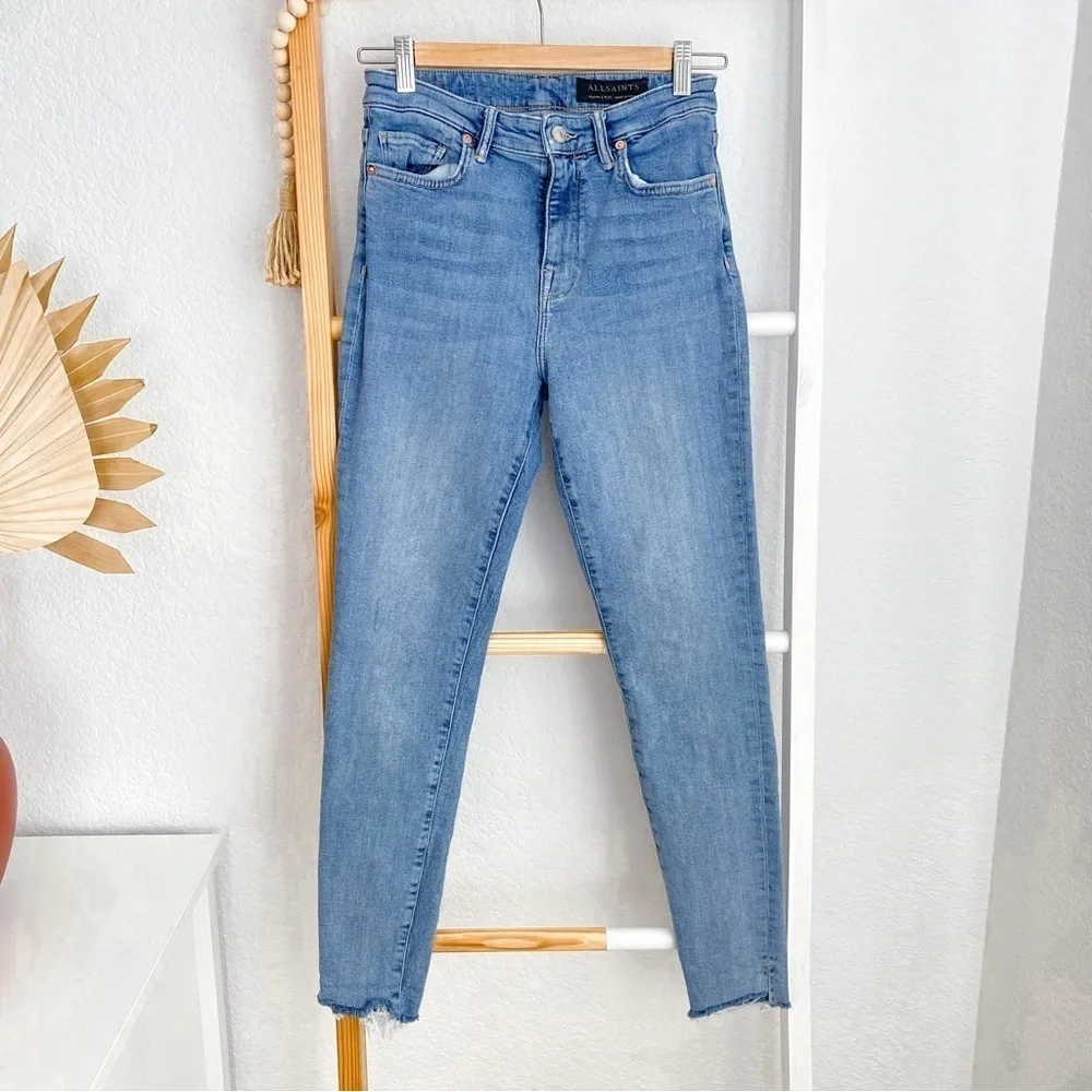 All Saints Roxanne Cropped Jeans Blue Raw Hem Distressed High Waisted Waist 28